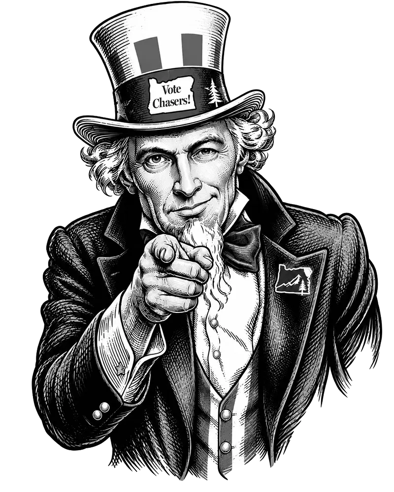 Uncle Sam pointing, hat reads "Vote Chasers!"